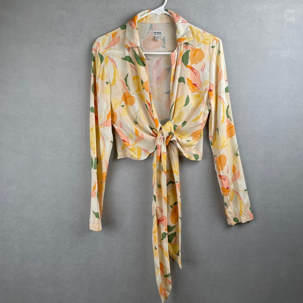 Rhythm Tropical Floral Tie Front Crop Top Long Sleeve Peach Yellow Coastal XS